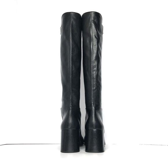 Prada Triangle Logo Plaque Knee High Pull On Block Heel Leather Boots 38 - Picture 4 of 9